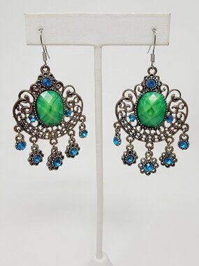 Vintage Boho Chandelier Earrings Green Resin Blue Rhinestone Ornate Dangle